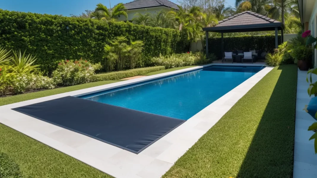 an automatic pool cover installed on a rectangular fiberglass pool